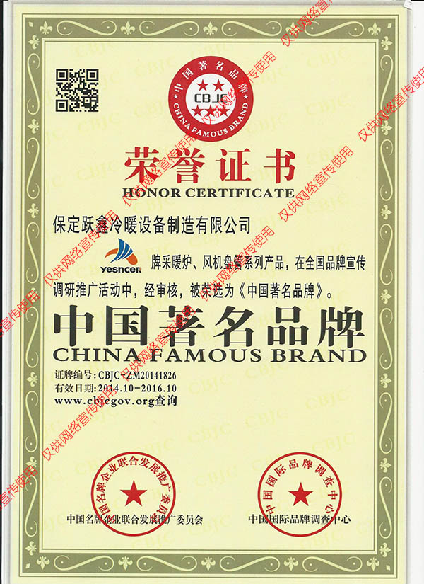 中国著名品牌荣誉证书