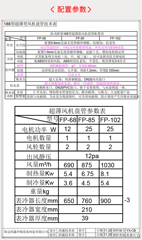 超薄卧式暗装风机盘管产品配置参数